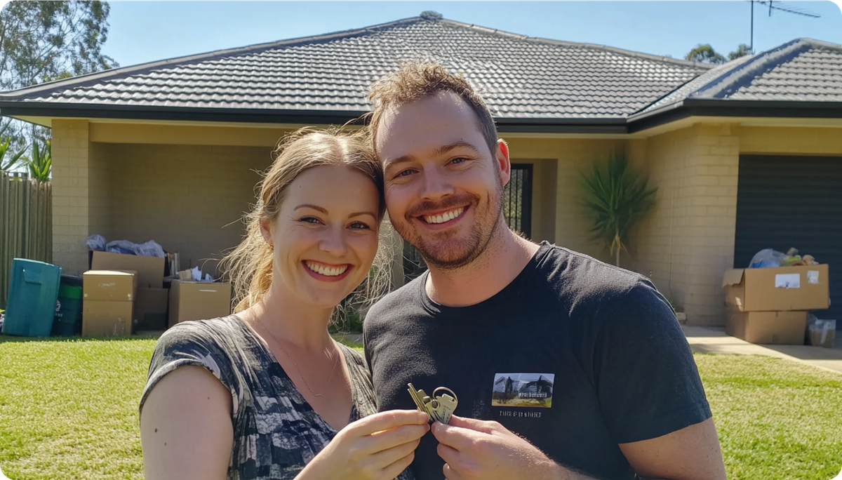 Millennial couple holding a key, smiling in front of their new home.